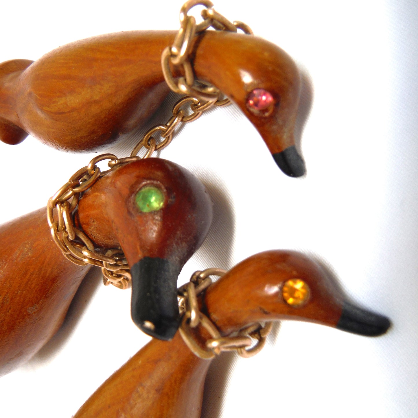 Mid-Century Modern 1960's Wooden Duck Trio with Rhinestone Eyes. Made in Hong Kong