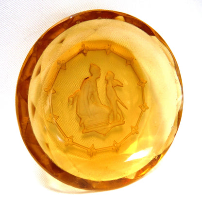 Miniature Vintage Amber Glass Trinket Tray: 'MOTHER AND ANGEL CHILD'