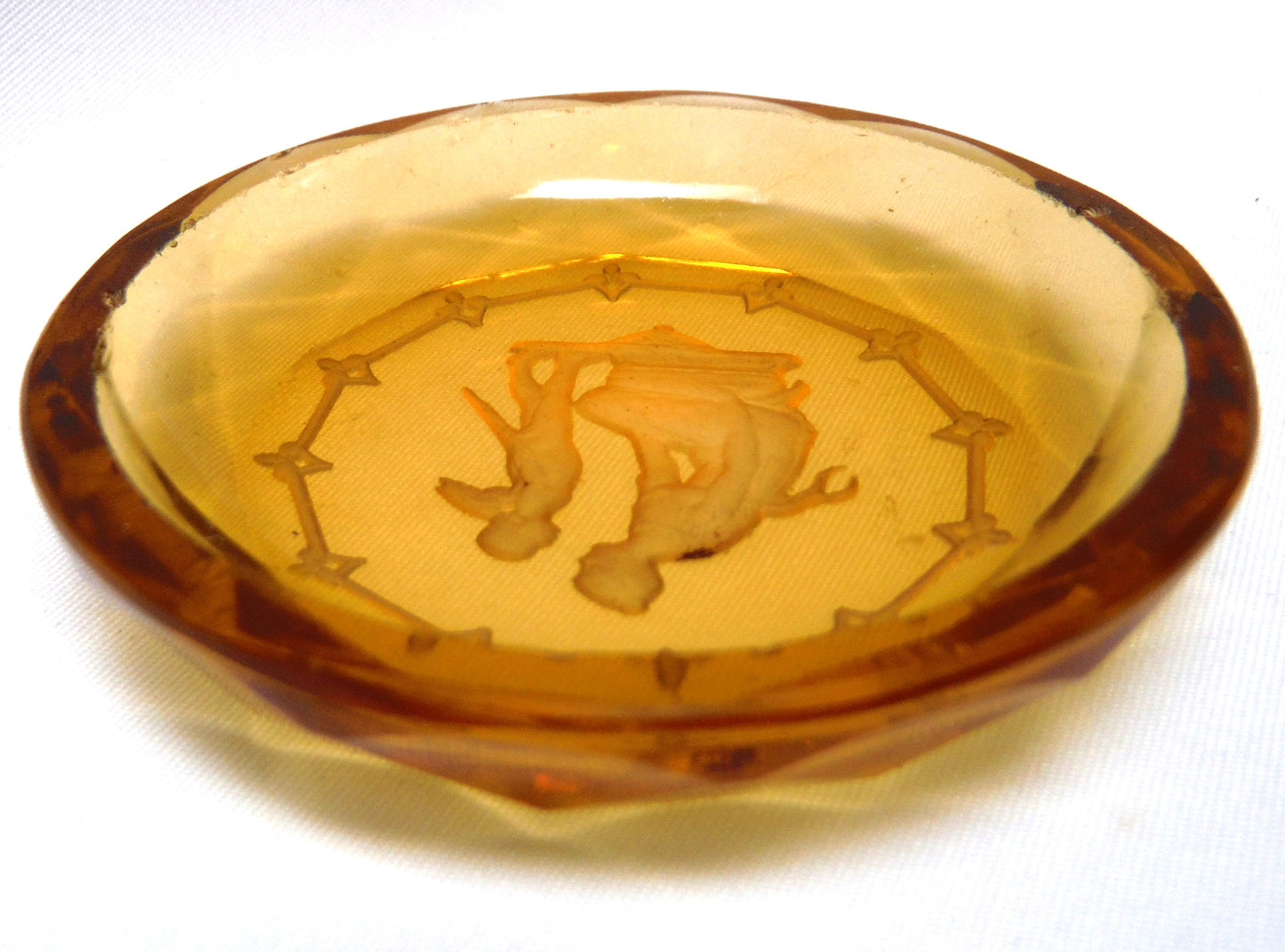 Miniature Vintage Amber Glass Trinket Tray: 'MOTHER AND ANGEL CHILD'