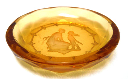 Miniature Vintage Amber Glass Trinket Tray: 'MOTHER AND ANGEL CHILD'