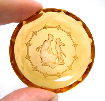 Miniature Vintage Amber Glass Trinket Tray: 'MOTHER AND ANGEL CHILD'