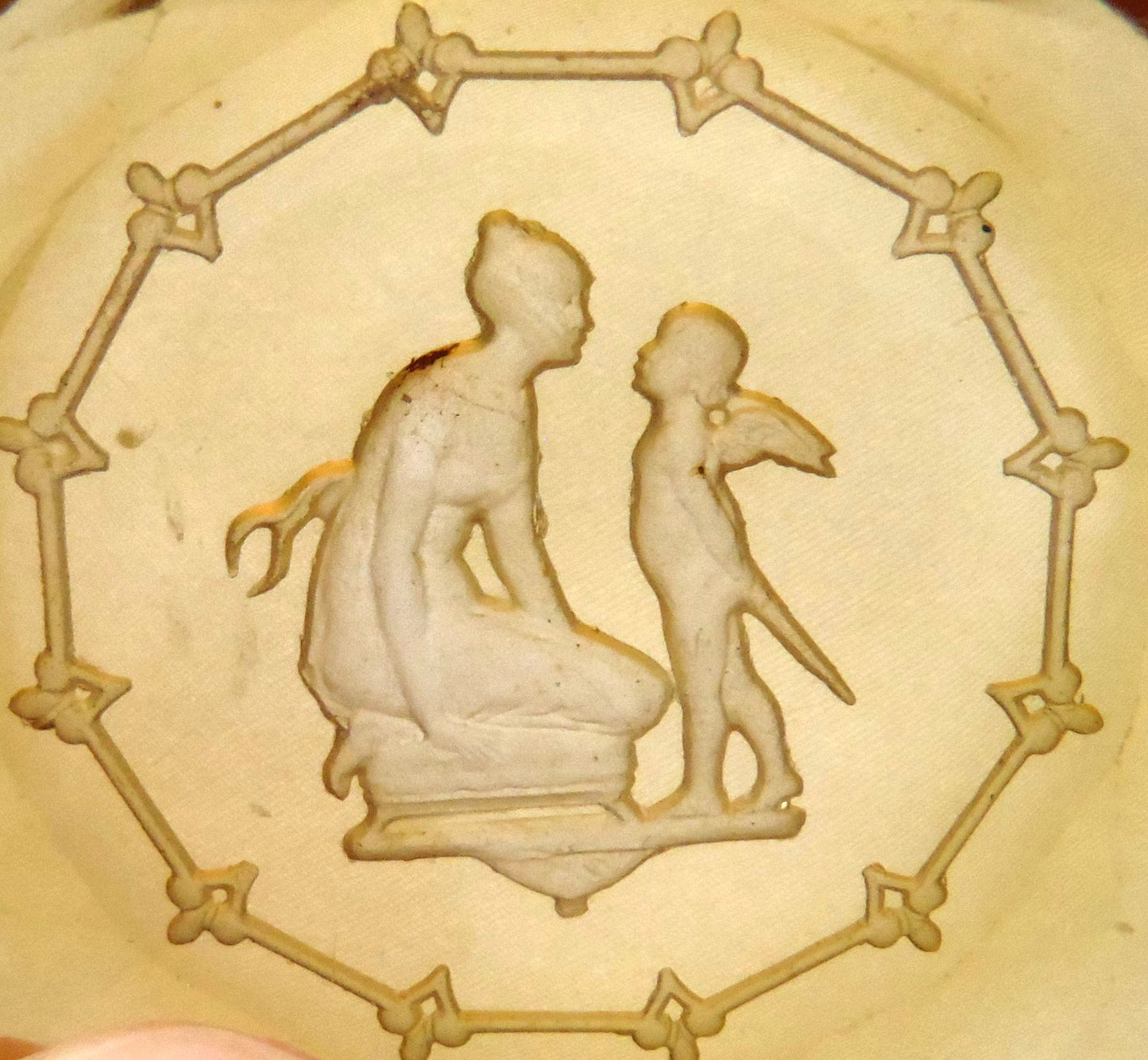 Miniature Vintage Amber Glass Trinket Tray: 'MOTHER AND ANGEL CHILD'