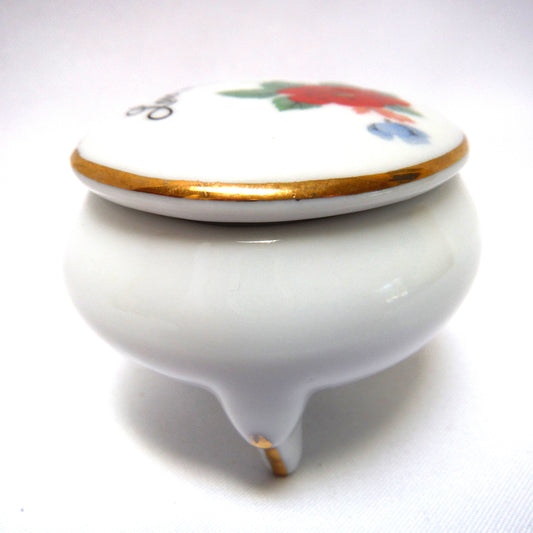 Miniature 3-Legged Removable Lid White Porcelain Trinket Container: 'LOVE IS FOREVER' Vintage Japan!