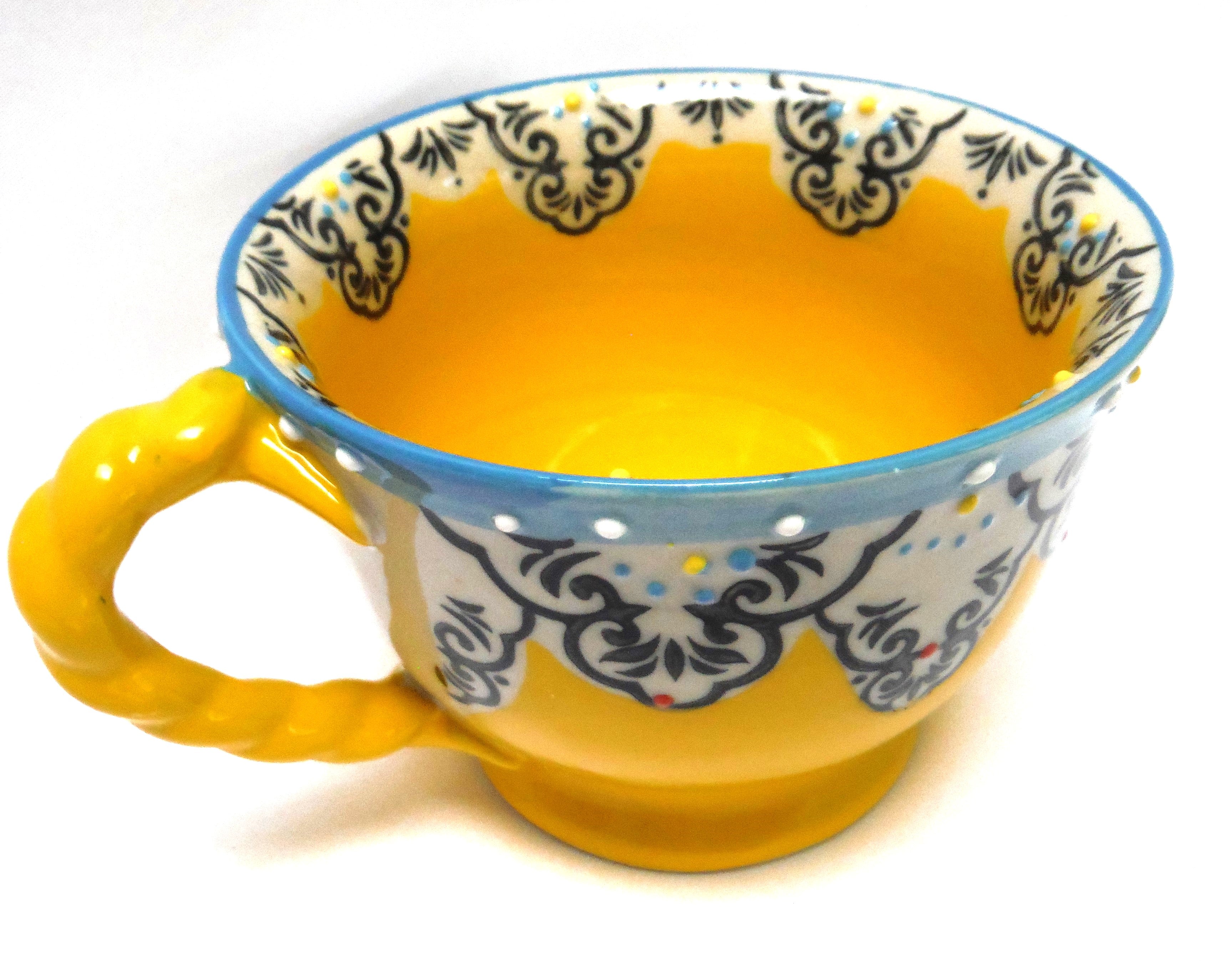 2024 NWOT 2 Anthropologie Yokohama Mijabi Yellow Hand Painted 12oz Coffee Mugs