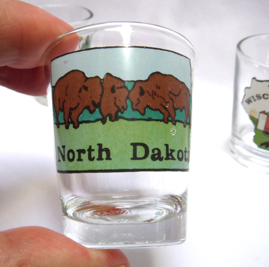Vintage 1970's American Colour-Imprinted Liquor Shot Glasses: KENTUCKY, NORTH DAKOTA, or WISCONSIN (Individually Priced)