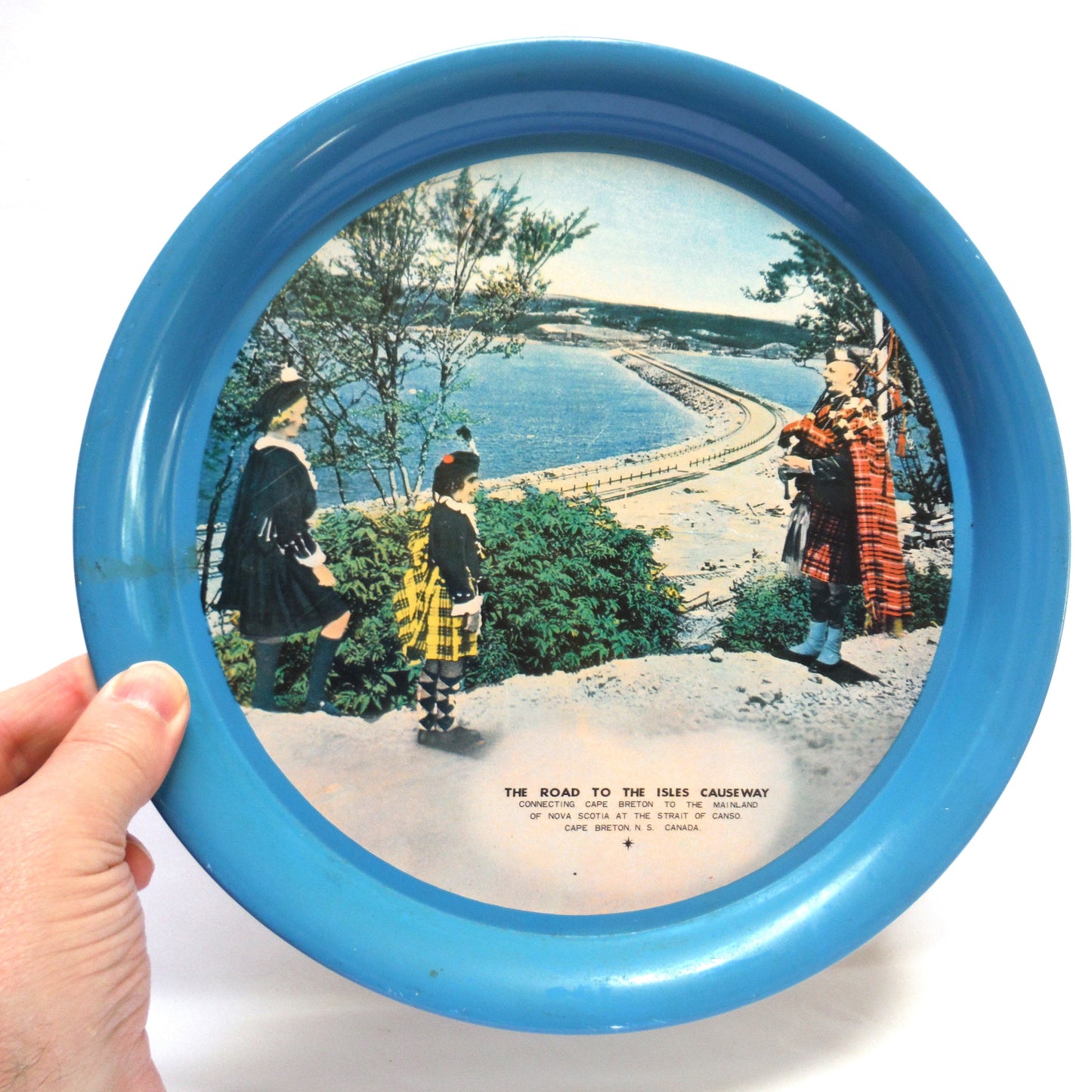 Large 1950's Tin Serving Tray: THE ROAD TO THE ISLES CAUSEWAY, Cape Breton, Nova Scotia, Made in Japan