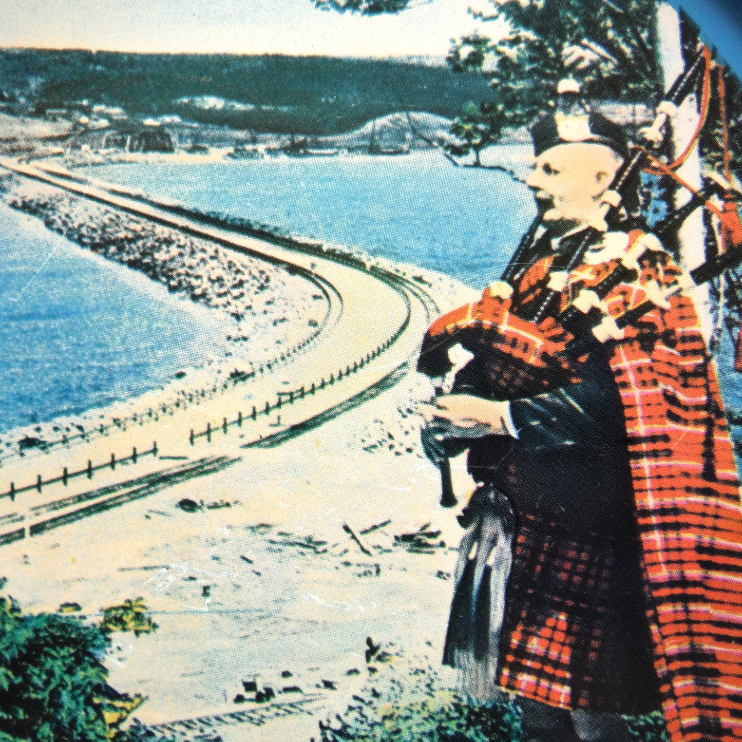 Large 1950's Tin Serving Tray: THE ROAD TO THE ISLES CAUSEWAY, Cape Breton, Nova Scotia, Made in Japan