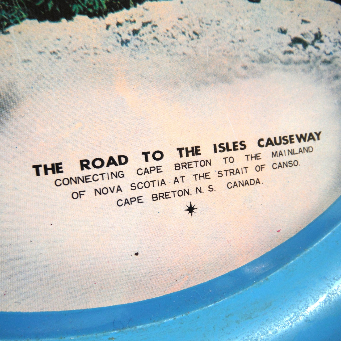 Large 1950's Tin Serving Tray: THE ROAD TO THE ISLES CAUSEWAY, Cape Breton, Nova Scotia, Made in Japan