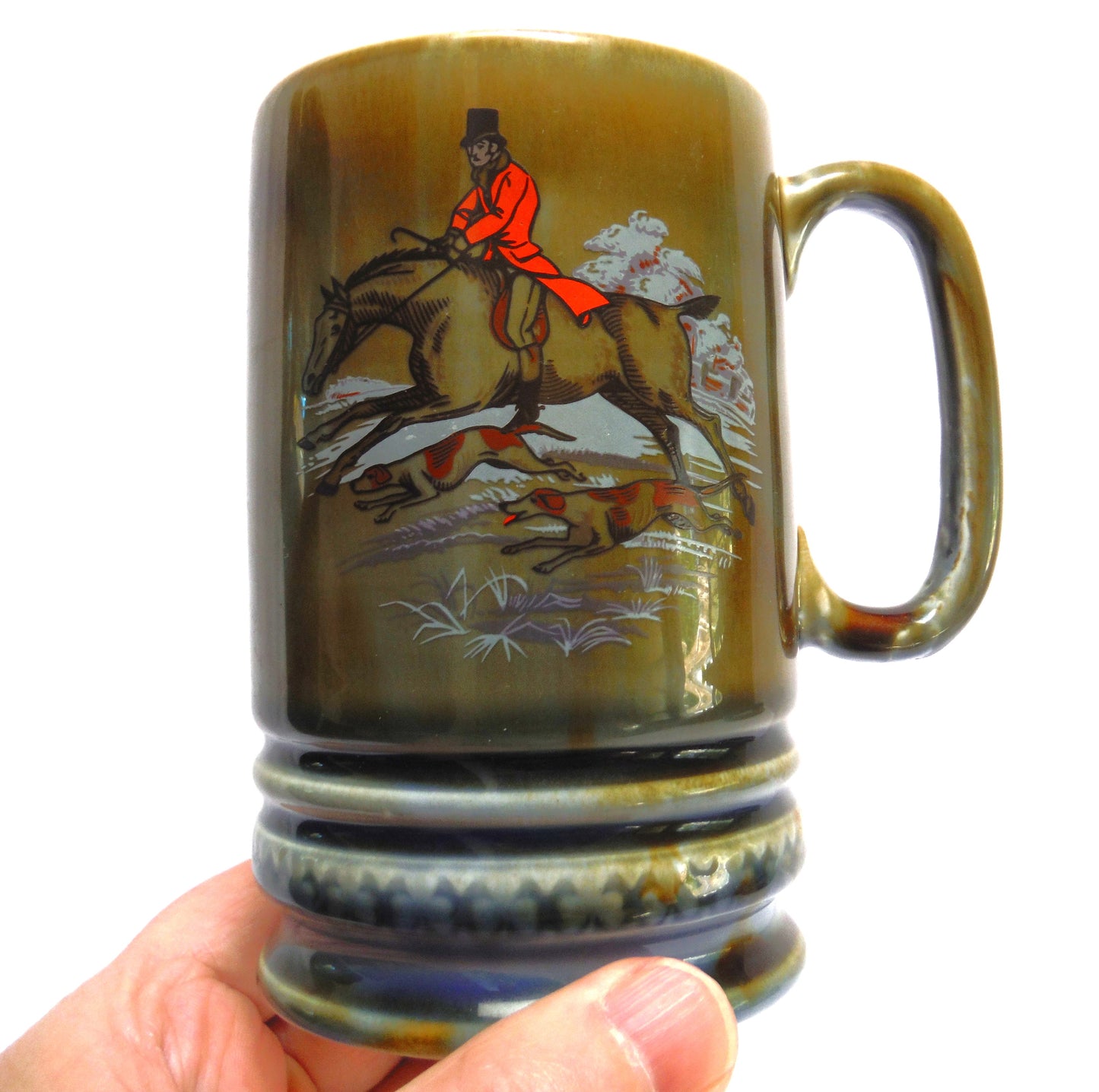 Vintage KILLARNEY MUG, with Swiss Musical Movement by Reuge, and Blue Green Glazed Finish by WADE of Ireland: 'THE FOX HUNT'
