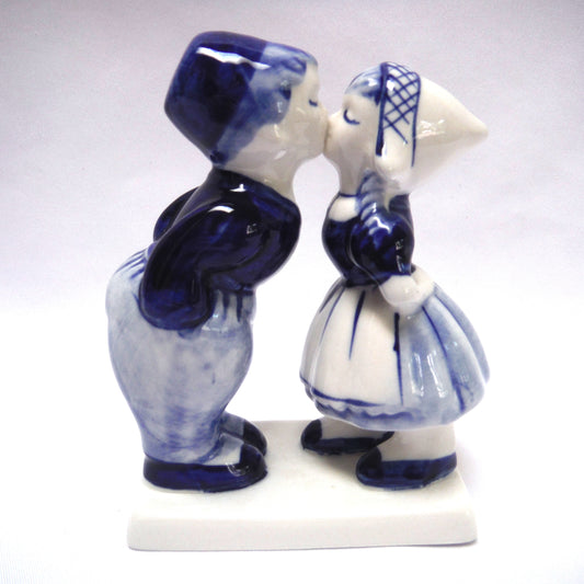 Vintage Hand Painted Delfts Blue Statuette: TRADITIONAL DUTCH BOY AND GIRL KISSING