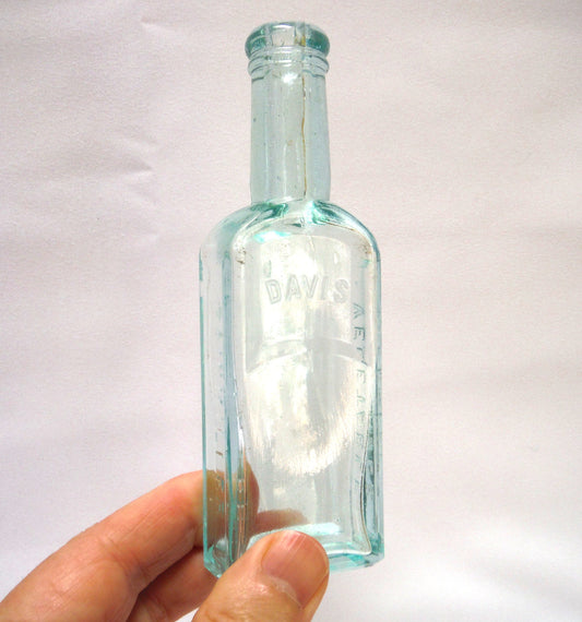 ANTIQUE DAVIS BLUE-GREEN OPIUM GLASS BOTTLE: In the 1867 Octagonal Style Embossed 'DAVIS, VEGETABLE, and PAINKILLER'