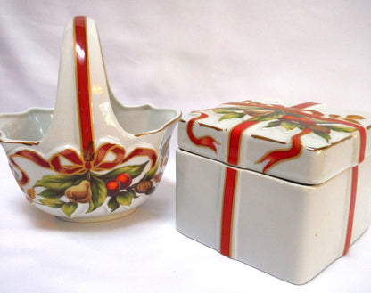 JAPANESE FINE BONE CHINA CHRISTMAS CANDY HOLDERS: 'Ribbon-Bound Basket with Handle & Lidded Box'