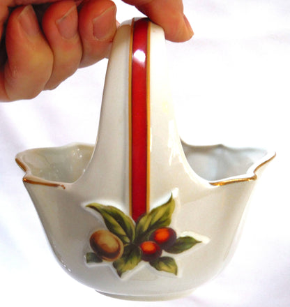 JAPANESE FINE BONE CHINA CHRISTMAS CANDY HOLDERS: 'Ribbon-Bound Basket with Handle & Lidded Box'