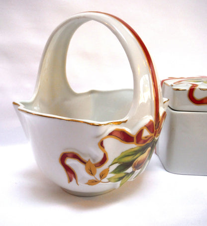 JAPANESE FINE BONE CHINA CHRISTMAS CANDY HOLDERS: 'Ribbon-Bound Basket with Handle & Lidded Box'