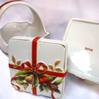 JAPANESE FINE BONE CHINA CHRISTMAS CANDY HOLDERS: 'Ribbon-Bound Basket with Handle & Lidded Box'