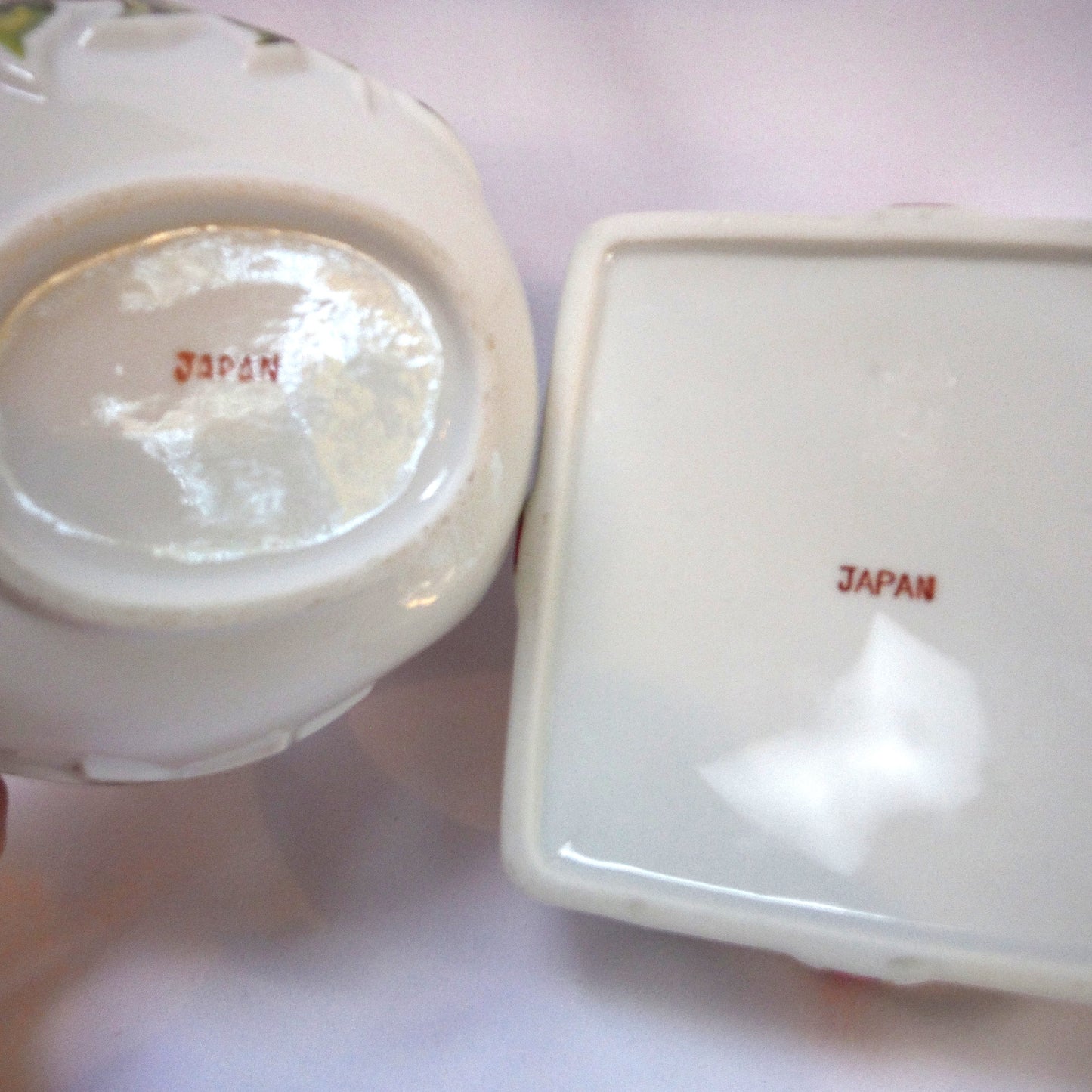 JAPANESE FINE BONE CHINA CHRISTMAS CANDY HOLDERS: 'Ribbon-Bound Basket with Handle & Lidded Box'