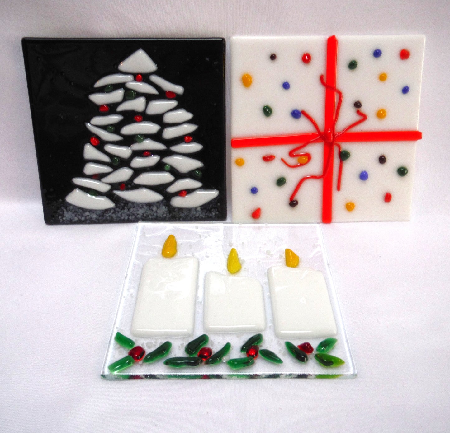 COLOURED GLASS MINIATURE CHRISTMAS PANELS: 'The Tree, The Present, and The Three Candles' (Priced individually)