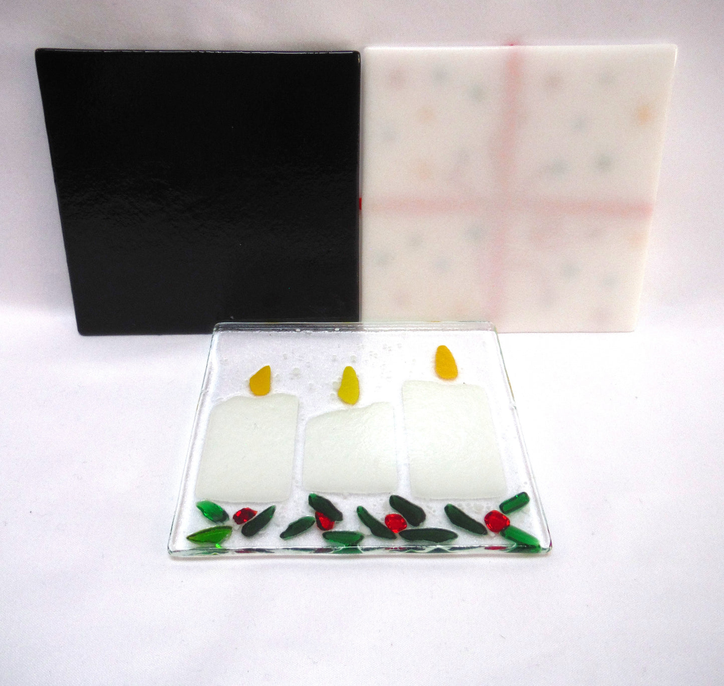 COLOURED GLASS MINIATURE CHRISTMAS PANELS: 'The Tree, The Present, and The Three Candles' (Priced individually)