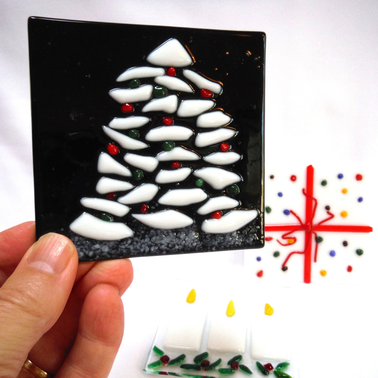 COLOURED GLASS MINIATURE CHRISTMAS PANELS: 'The Tree, The Present, and The Three Candles' (Priced individually)