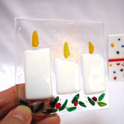 COLOURED GLASS MINIATURE CHRISTMAS PANELS: 'The Tree, The Present, and The Three Candles' (Priced individually)