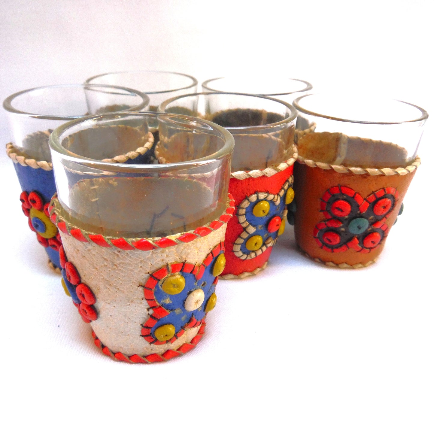 VINTAGE YUGOSLAVIAN HAND-MADE SHOT GLASSES: Beads and Leather in Six Festive Colours (Priced individually)