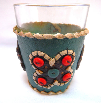 VINTAGE YUGOSLAVIAN HAND-MADE SHOT GLASSES: Beads and Leather in Six Festive Colours (Priced individually)