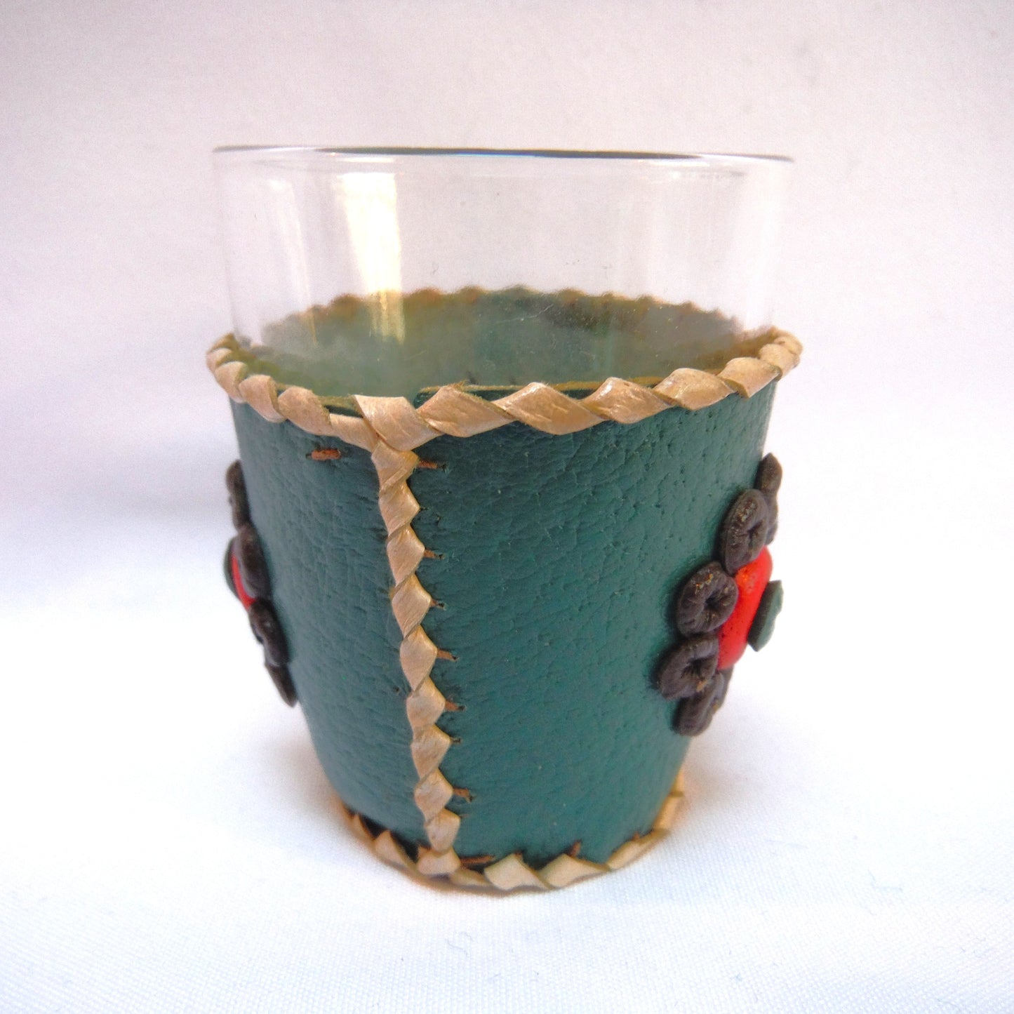 VINTAGE YUGOSLAVIAN HAND-MADE SHOT GLASSES: Beads and Leather in Six Festive Colours (Priced individually)