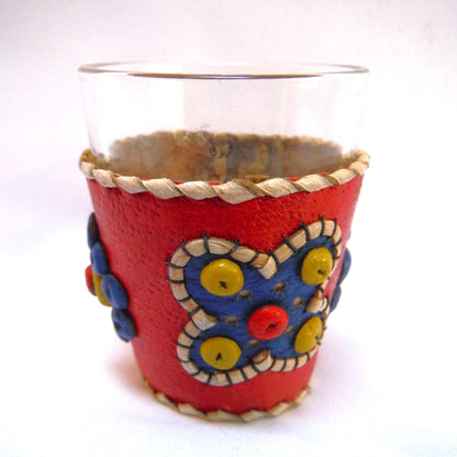 VINTAGE YUGOSLAVIAN HAND-MADE SHOT GLASSES: Beads and Leather in Six Festive Colours (Priced individually)