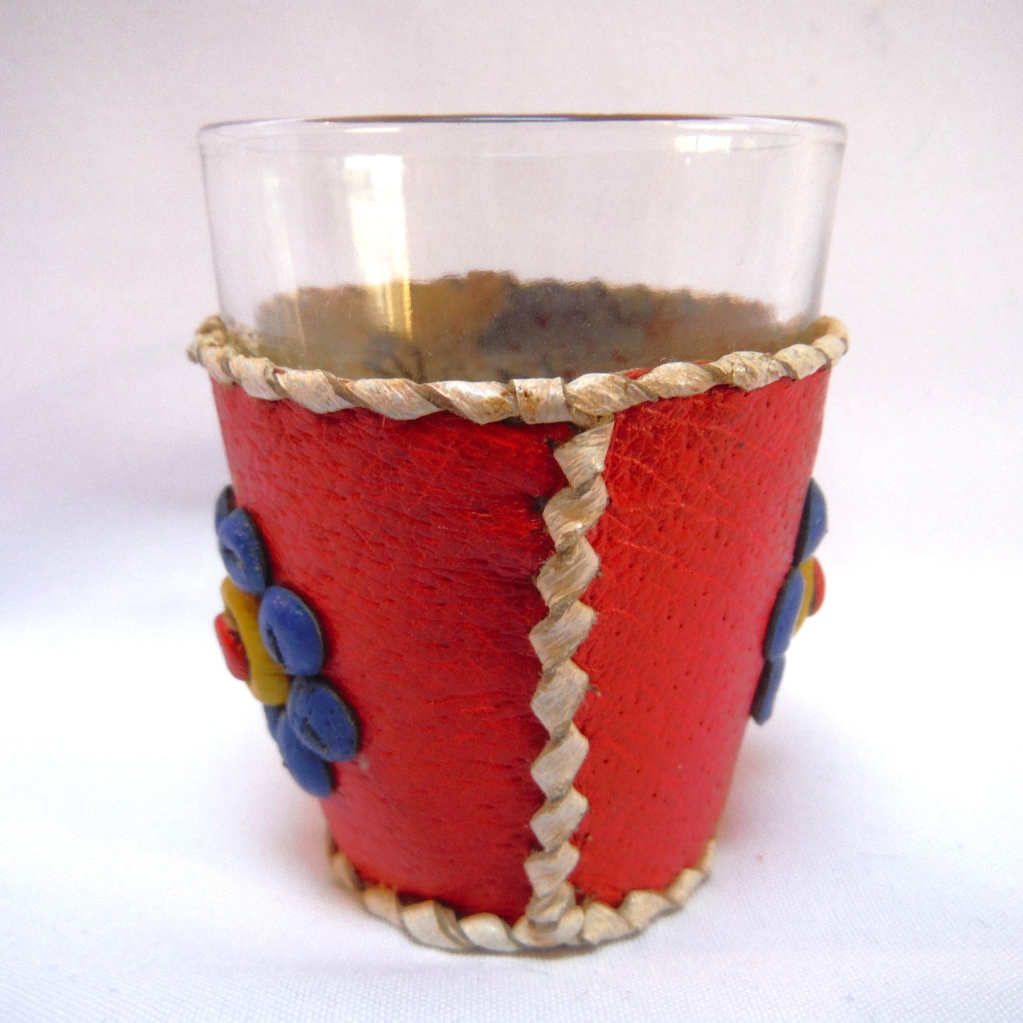 VINTAGE YUGOSLAVIAN HAND-MADE SHOT GLASSES: Beads and Leather in Six Festive Colours (Priced individually)