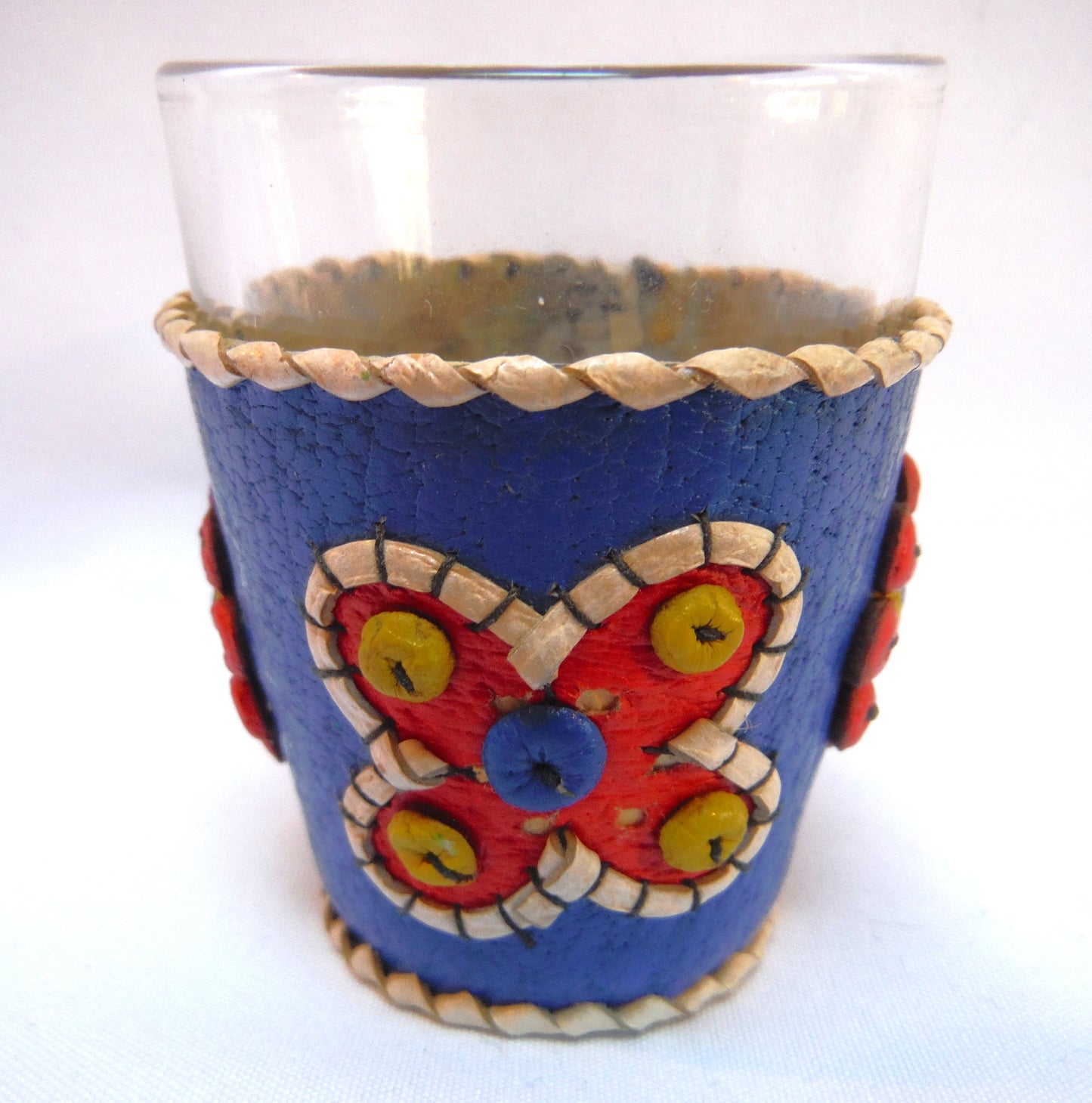 VINTAGE YUGOSLAVIAN HAND-MADE SHOT GLASSES: Beads and Leather in Six Festive Colours (Priced individually)