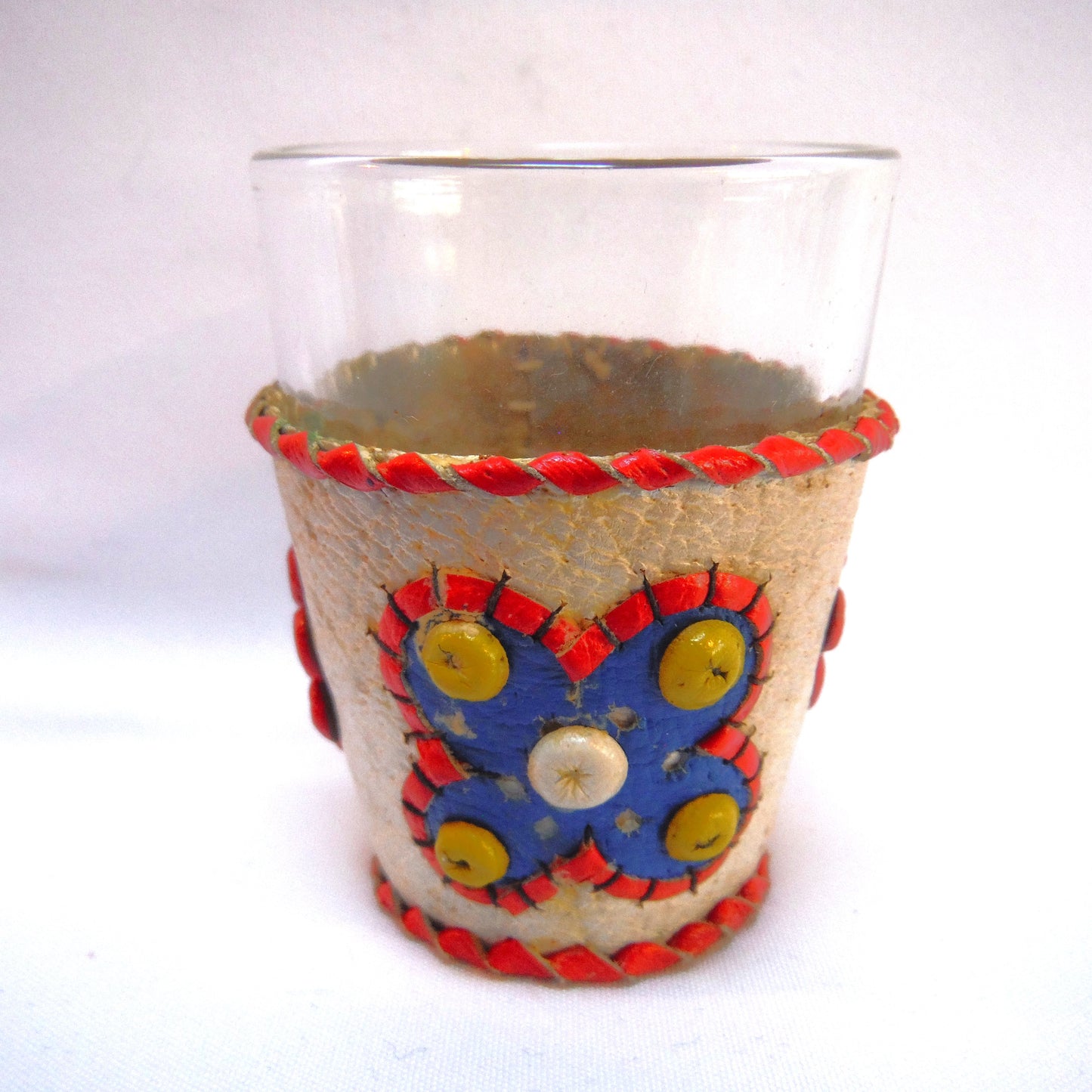 VINTAGE YUGOSLAVIAN HAND-MADE SHOT GLASSES: Beads and Leather in Six Festive Colours (Priced individually)