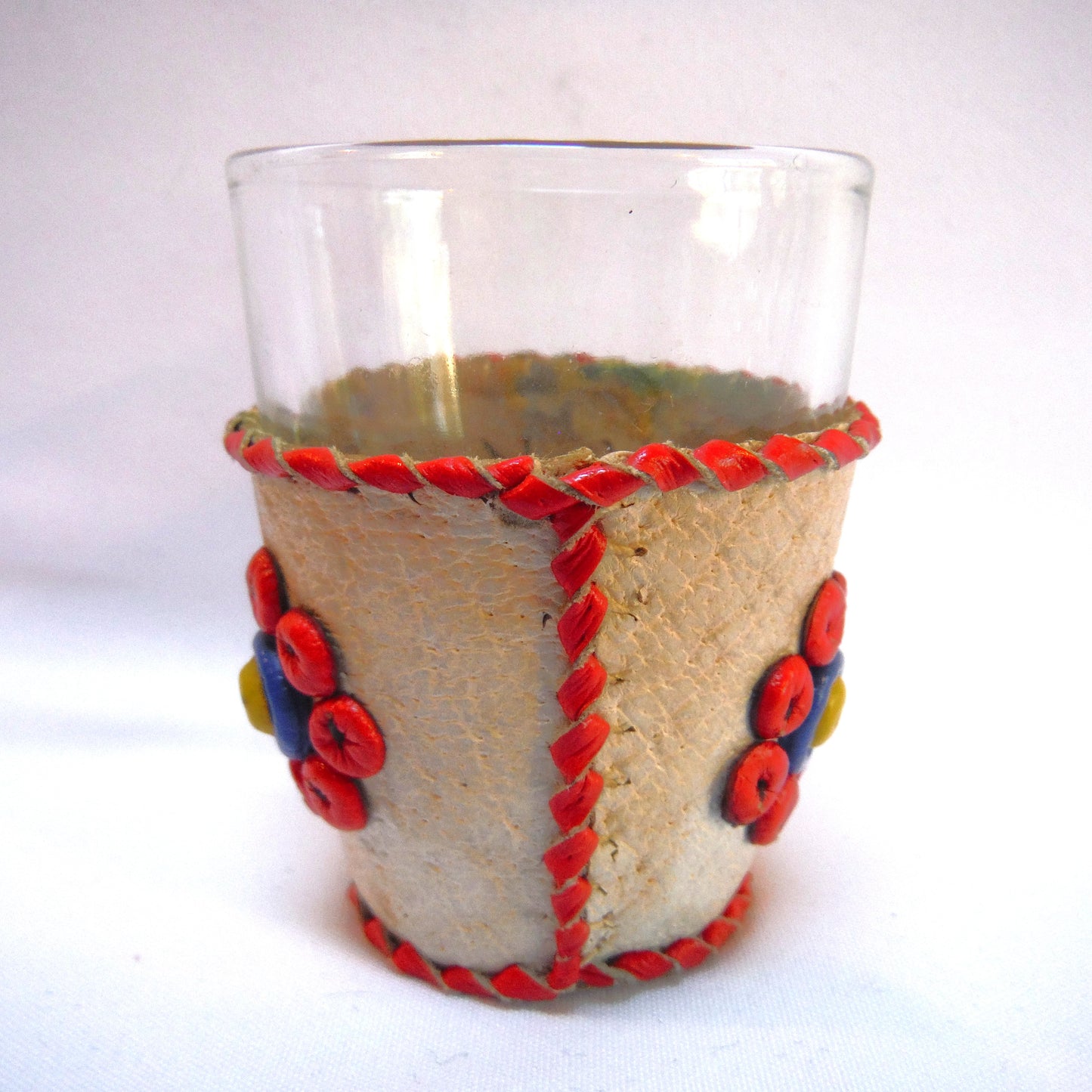 VINTAGE YUGOSLAVIAN HAND-MADE SHOT GLASSES: Beads and Leather in Six Festive Colours (Priced individually)