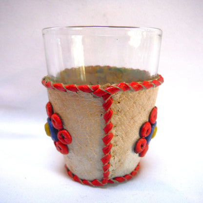 VINTAGE YUGOSLAVIAN HAND-MADE SHOT GLASSES: Beads and Leather in Six Festive Colours (Priced individually)