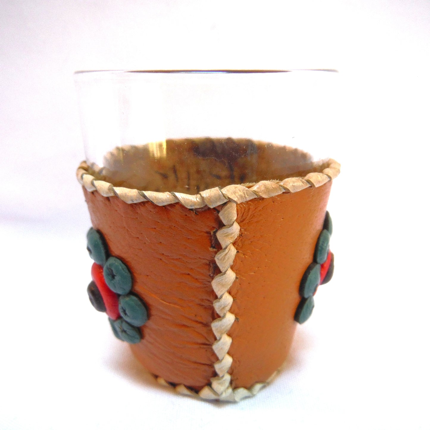 VINTAGE YUGOSLAVIAN HAND-MADE SHOT GLASSES: Beads and Leather in Six Festive Colours (Priced individually)