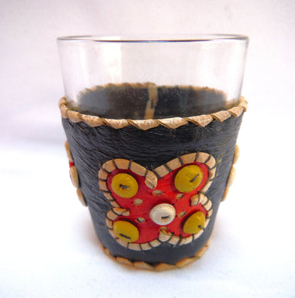 VINTAGE YUGOSLAVIAN HAND-MADE SHOT GLASSES: Beads and Leather in Six Festive Colours (Priced individually)