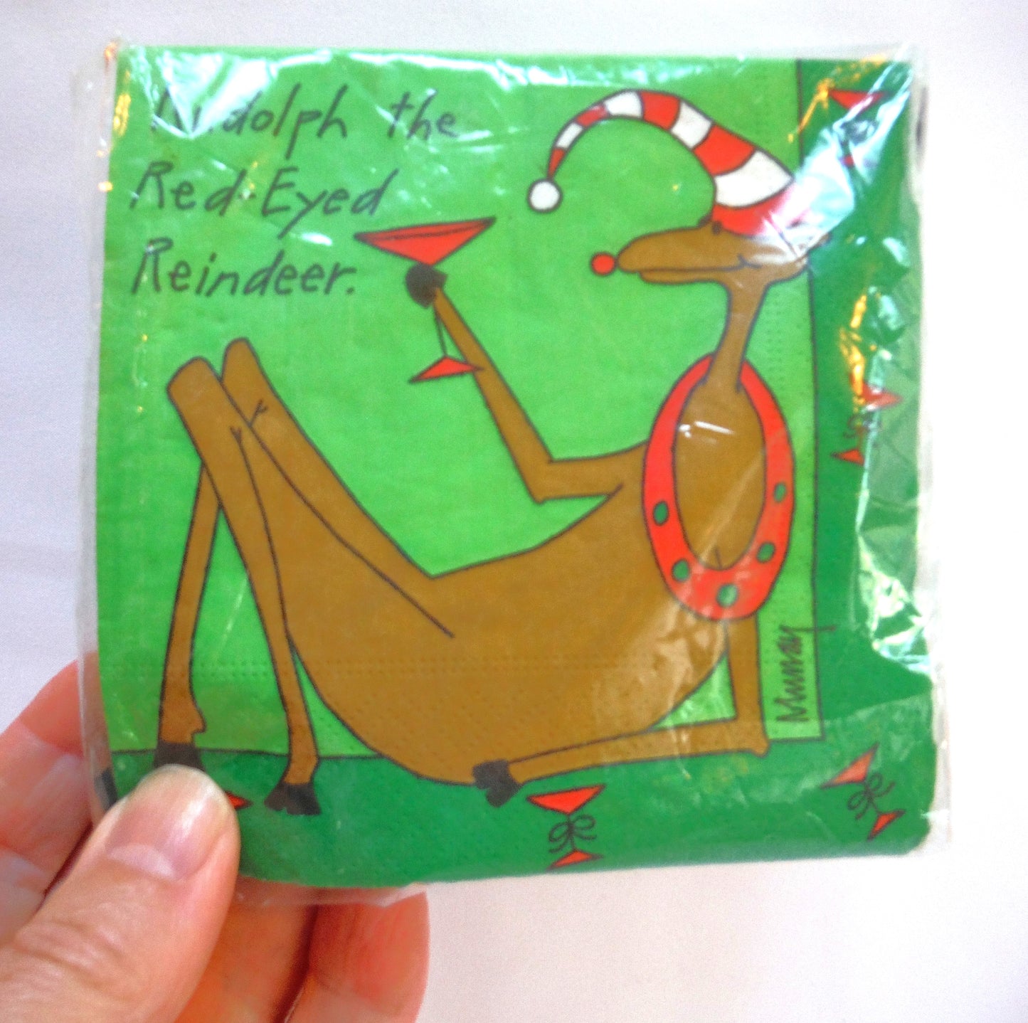 VINTAGE PACKAGE OF 20 CHRISTMAS BEVERAGE NAPKINS BY MURRAY'S LAW: 'Rudolph the Red-Eyed Reindeer'