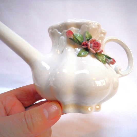 DAINTY LONG-SPOUTED WHITE CERAMIC POURING CUP: English Rose