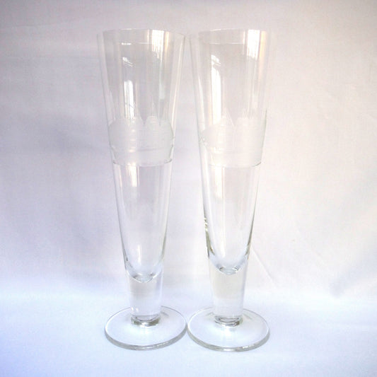 Vintage Pair of Glass Etched TALL FLUTED BEER GLASSES: 'The Four-Mast Sailing Ship'