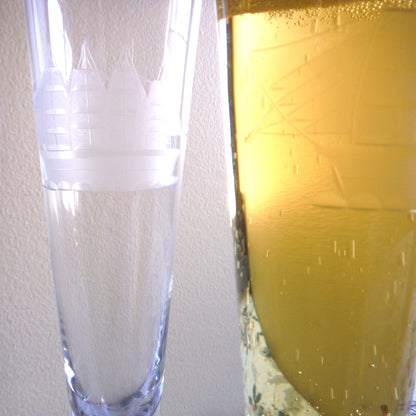 Vintage Pair of Glass Etched TALL FLUTED BEER GLASSES: 'The Four-Mast Sailing Ship'