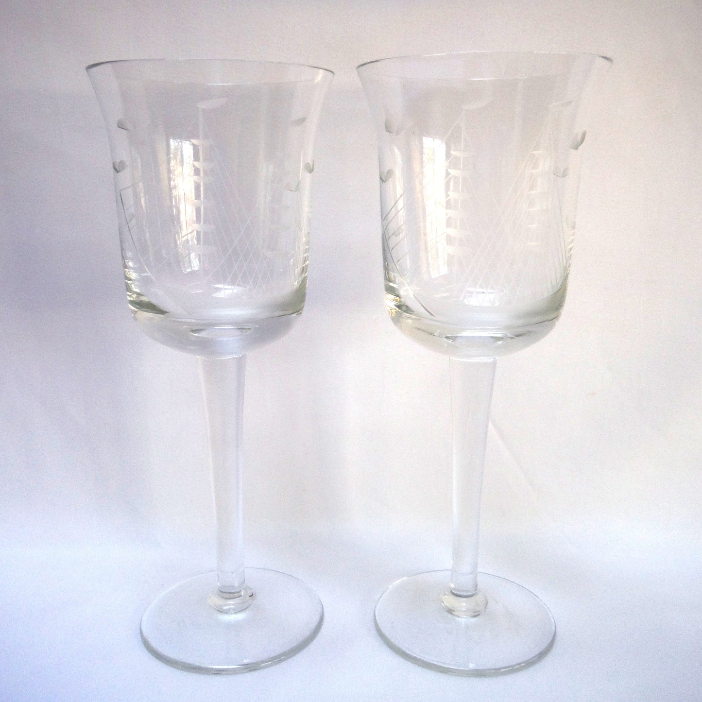 Vintage Pair of Glass Etched TALL WINE GLASSES: 'The Two-Mast Sailing Ship'