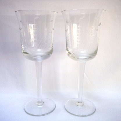 Vintage Pair of Glass Etched TALL WINE GLASSES: 'The Two-Mast Sailing Ship'