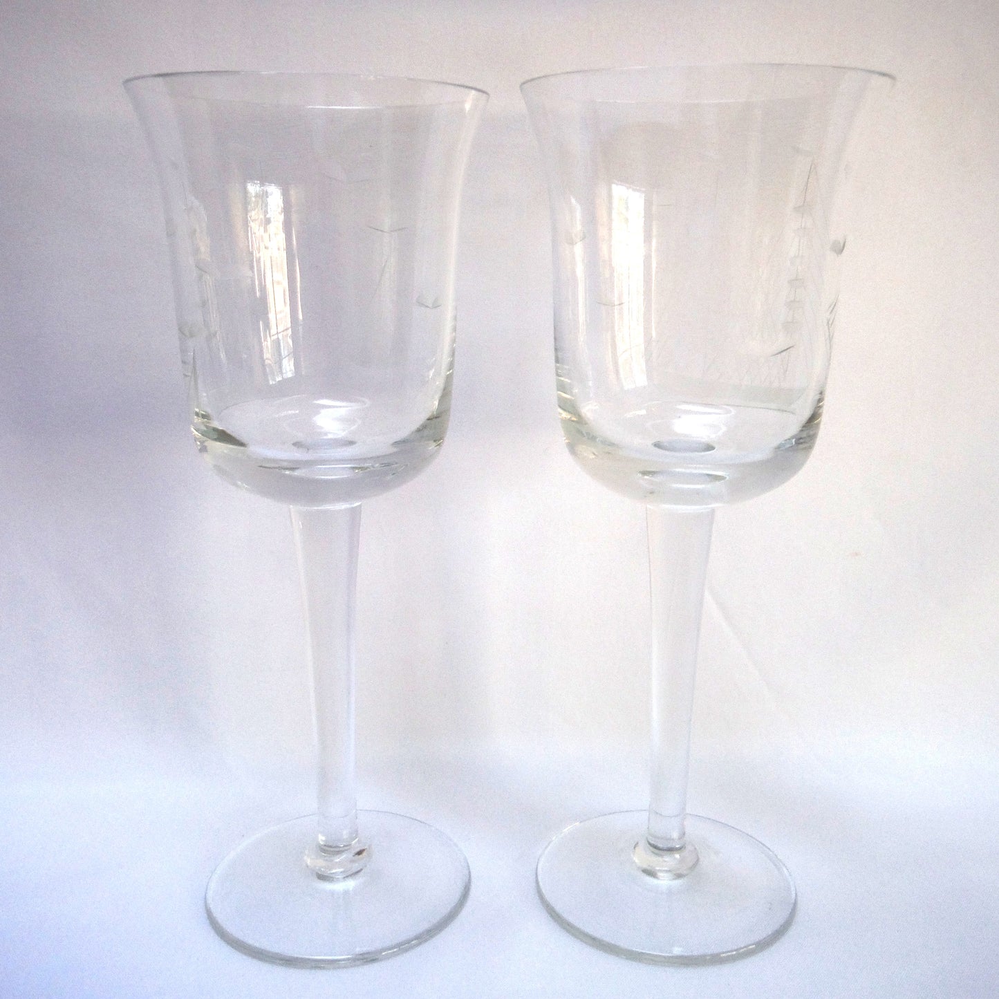 Vintage Pair of Glass Etched TALL WINE GLASSES: 'The Two-Mast Sailing Ship'