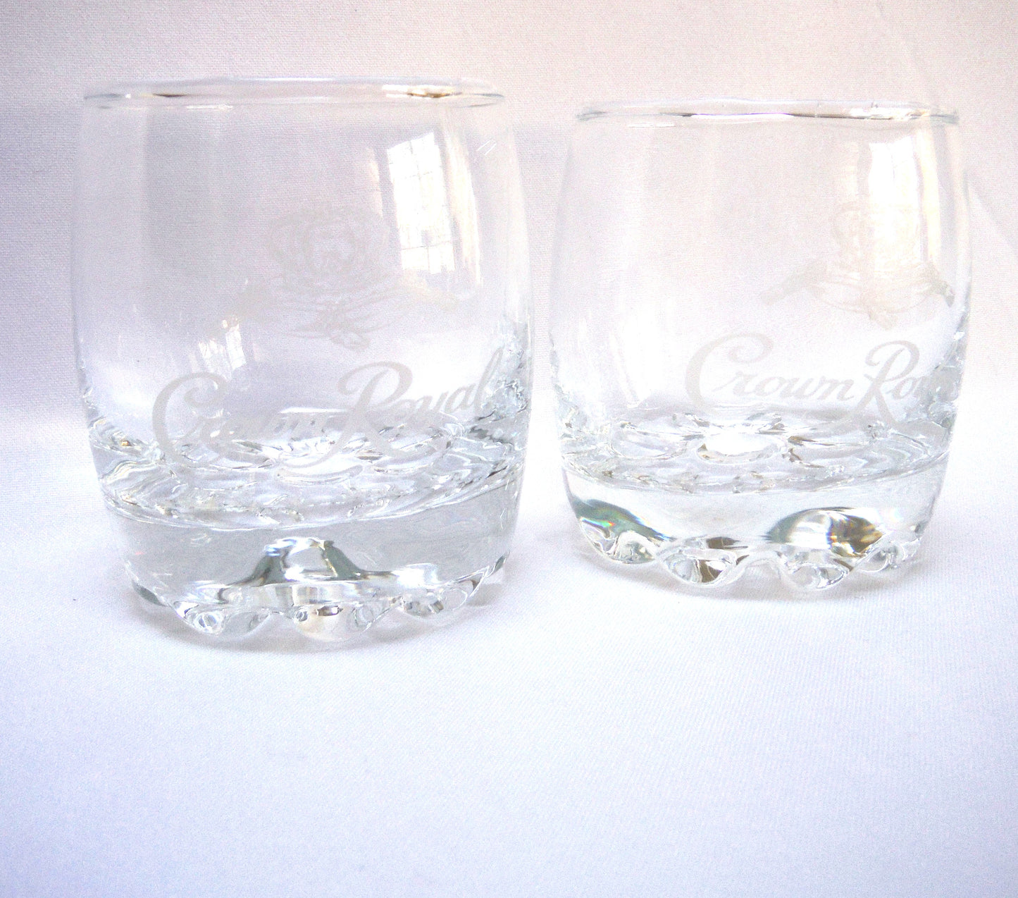 Vintage Pair of Small Tumbler-Style Glass-Etched Shot Glasses: 'CROWN ROYAL WHISKEY'