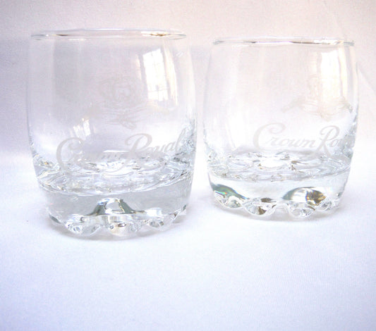 Vintage Pair of Small Tumbler-Style Glass-Etched Shot Glasses: 'CROWN ROYAL WHISKEY'