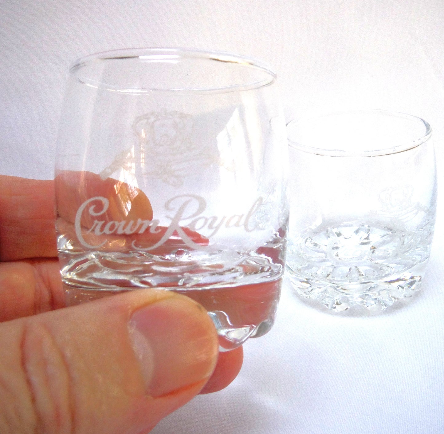 Vintage Pair of Small Tumbler-Style Glass-Etched Shot Glasses: 'CROWN ROYAL WHISKEY'