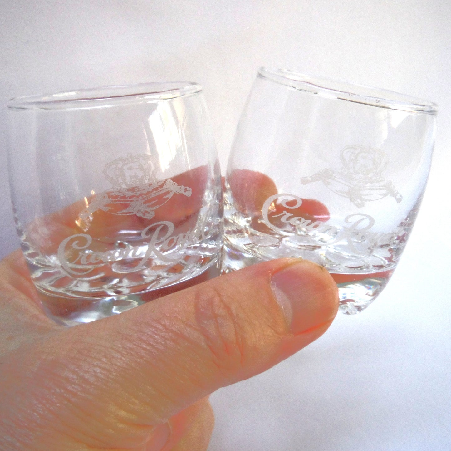 Vintage Pair of Small Tumbler-Style Glass-Etched Shot Glasses: 'CROWN ROYAL WHISKEY'