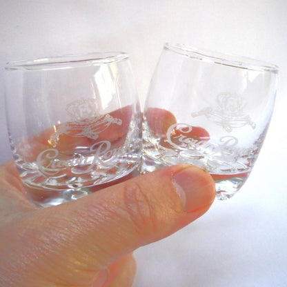 Vintage Pair of Small Tumbler-Style Glass-Etched Shot Glasses: 'CROWN ROYAL WHISKEY'