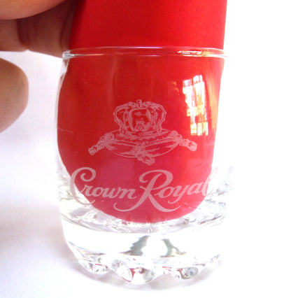 Vintage Pair of Small Tumbler-Style Glass-Etched Shot Glasses: 'CROWN ROYAL WHISKEY'