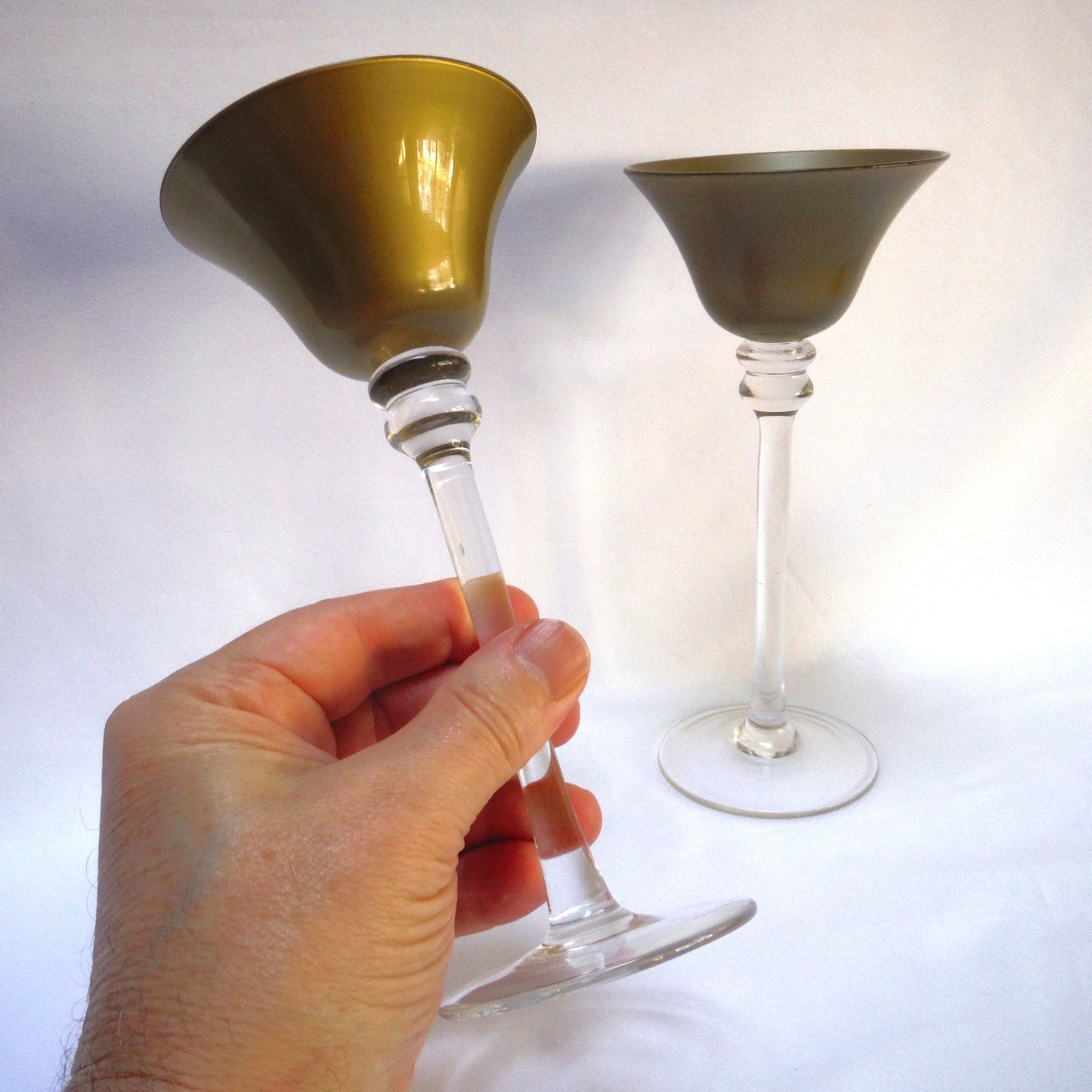 Vintage Pair of TALL GOLD PAINTED WINE GLASSES