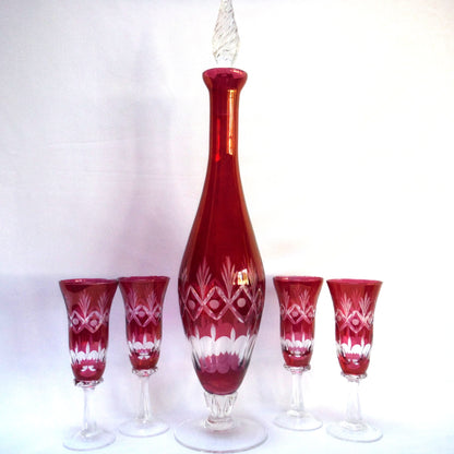 Cranberry-Coloured Etched-Crystal Tall Decanter and FOUR Matching Tall Glasses from Italy